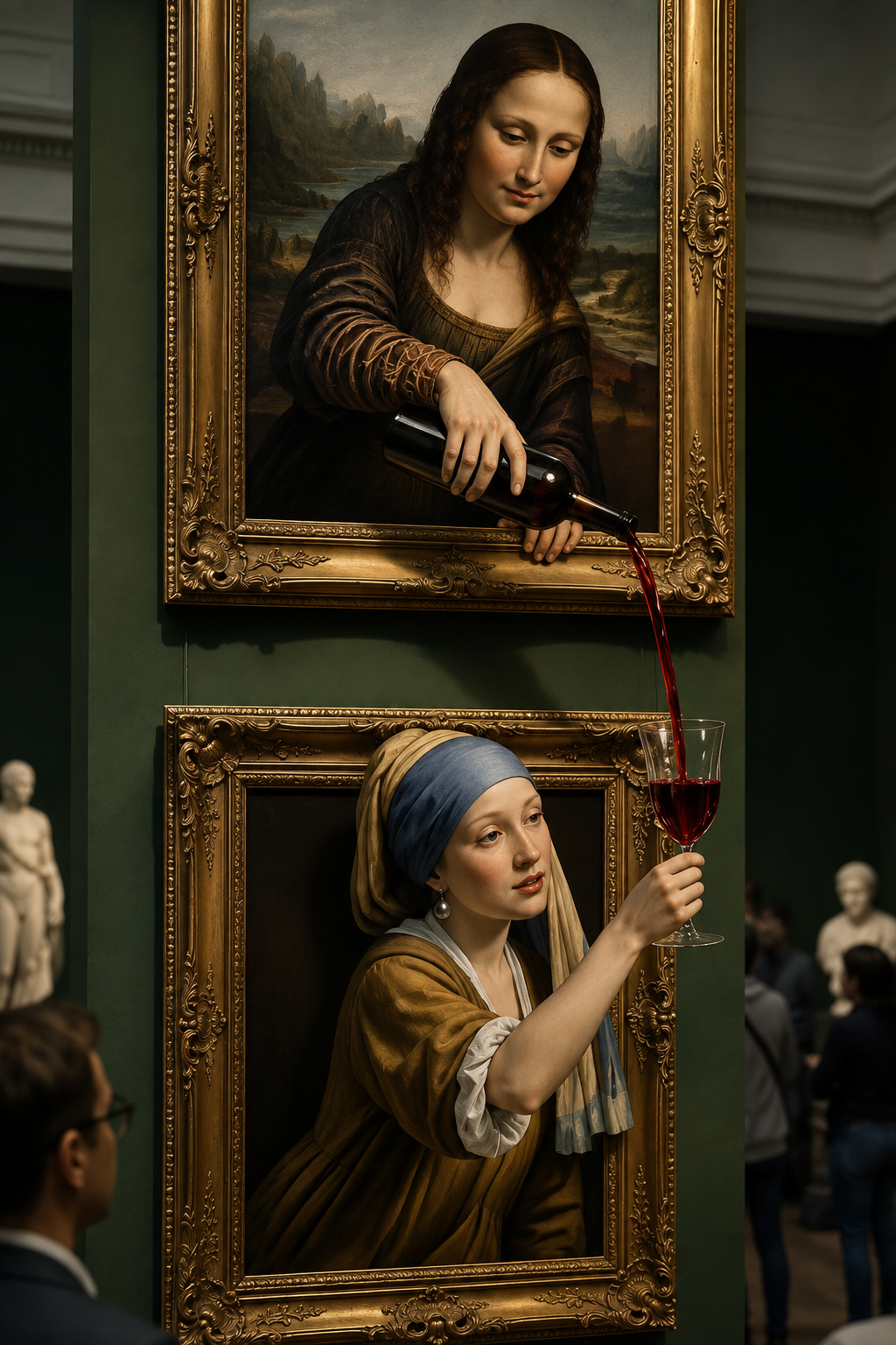 Playful interaction between two framed paintings