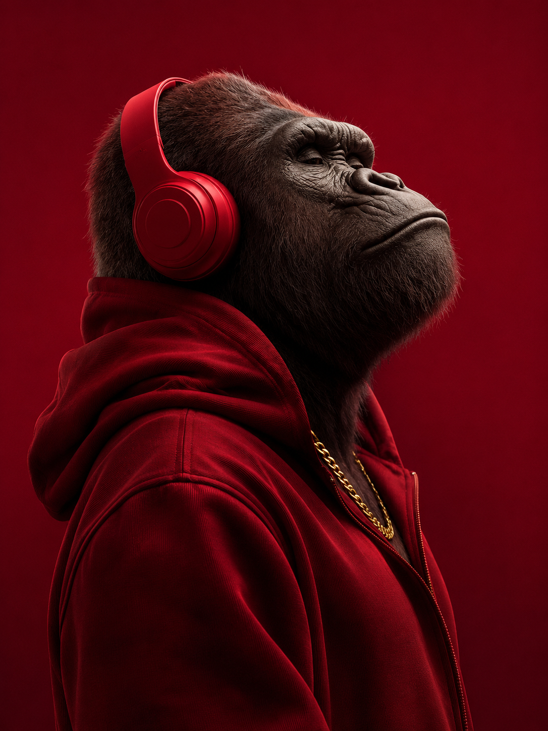 Gorilla wearing red headphones