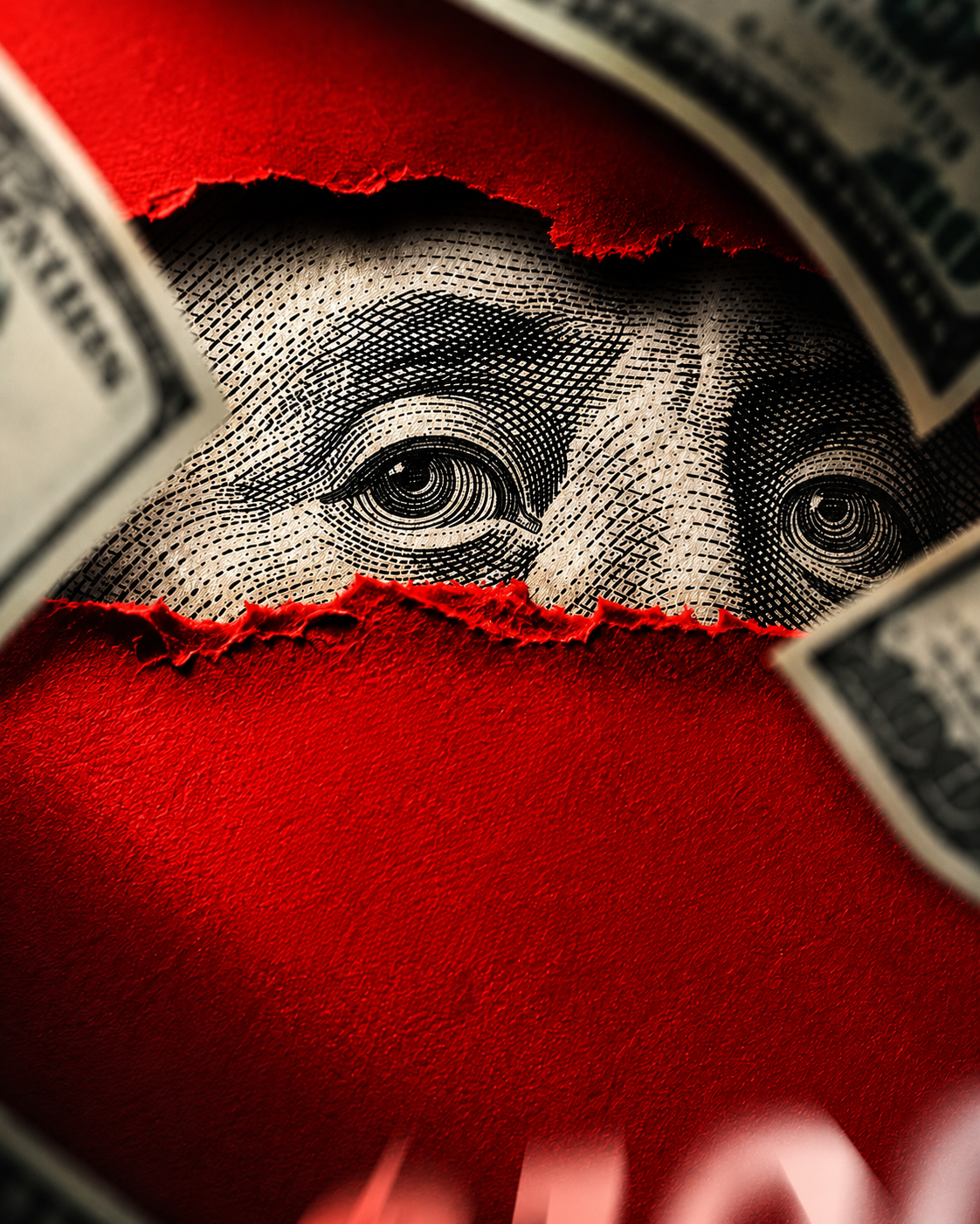 Dollar bill revealed through torn red paper